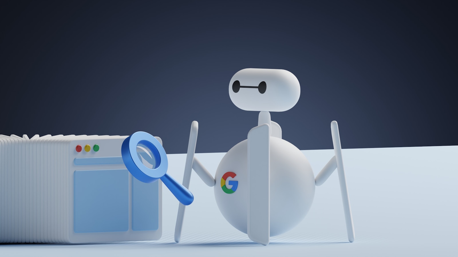 biały robot Google trzymający lupę obok białego pudełka